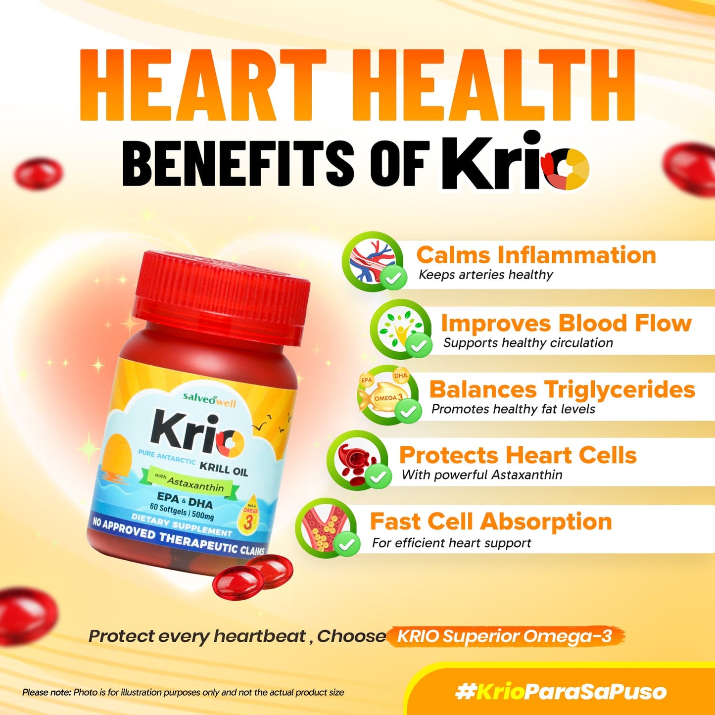 Salveo Krio Softgels Pure Antarctic Krill Oil Dietary Food Supplement Capsule with Omega-3