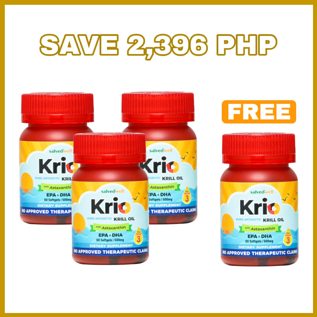 3PLUS1 Salveo Krio Softgels Pure Antarctic Krill Oil Dietary Food Supplement Capsule with Omega-3